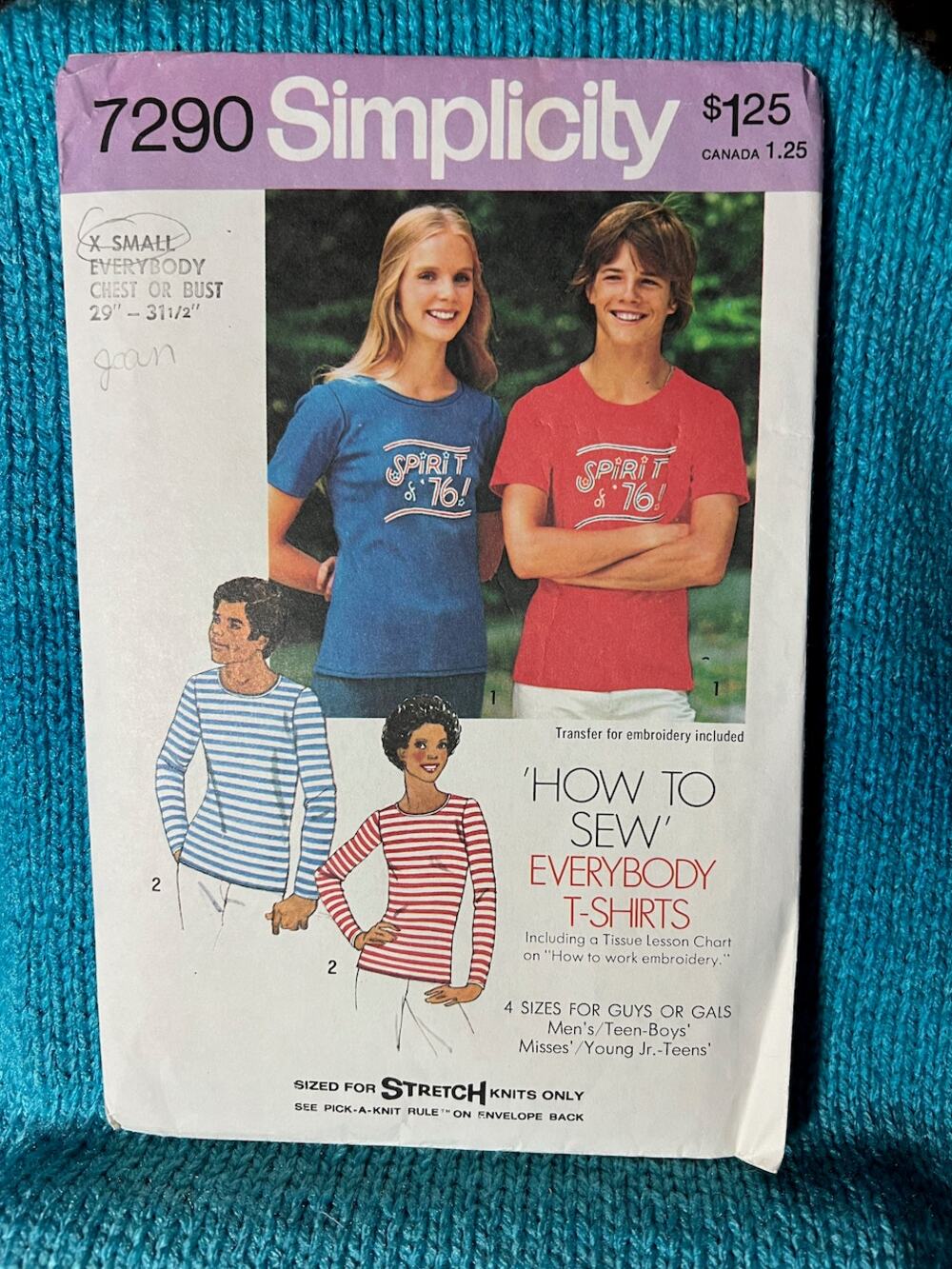Simplicity 7290 long and short t-shirt pattern Size extra Small chest 29-31in